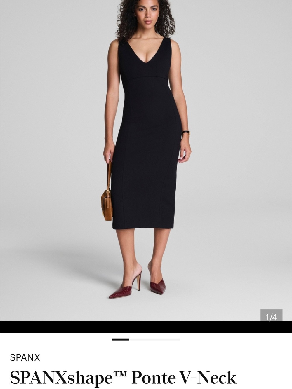 SPANX Black V-Neck Ponte Midi Dress - SMALL, NWOT